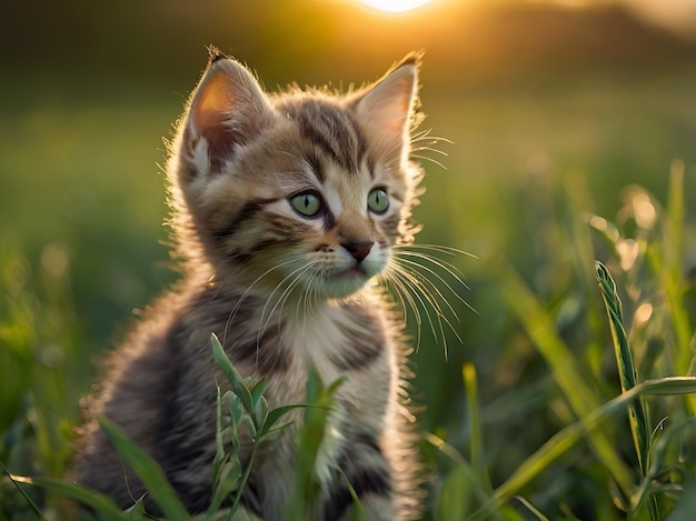 A kitten sits in the grass with the sun behind him