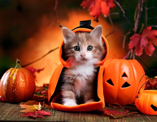 Photo a kitten sits in a halloween pumpkin costume