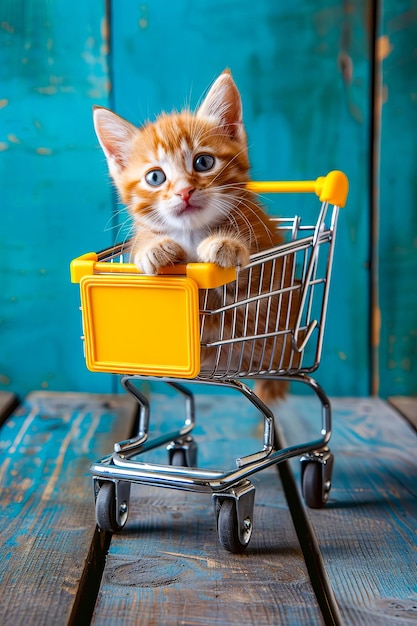 Kitten sits inside yellow shopping cart Generative AI