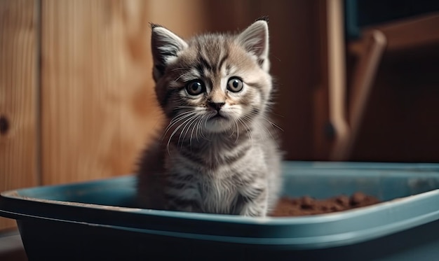 The kitten sits in the litter box Scottish kitten pees in her litter box generative AI