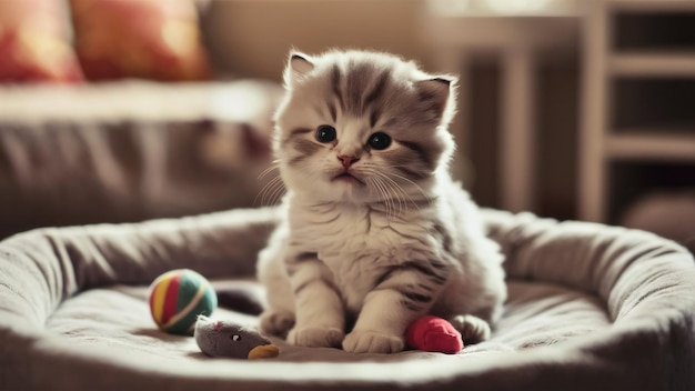 a kitten sits on a pet bed with a toy and a toy