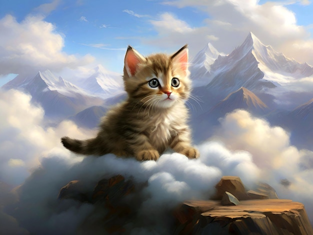 A Kitten sits on a rocky outcropping surrounded by clouds