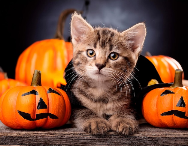 Photo a kitten sits next to some pumpkins with the number 1 on them