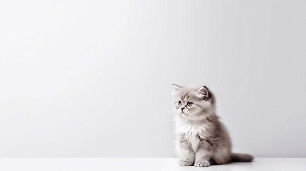 A kitten sits on a table in front of a white background.