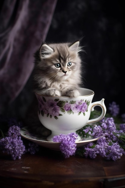 A kitten sits in a teacup with purple flowers on the table.