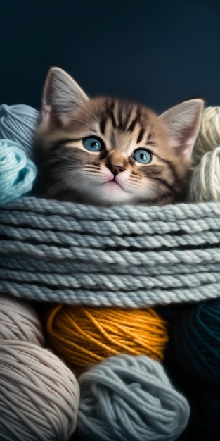 Kitten sitting in a basket of yarn generative ai