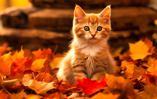 Kitten sitting next to a pile of leaves