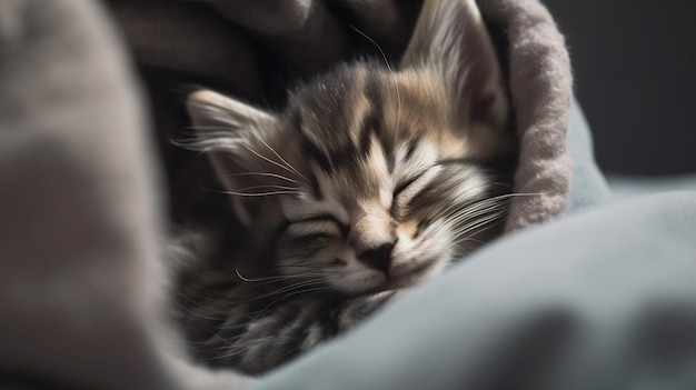 Photo a kitten sleeping in a blanket with a cat sleeping