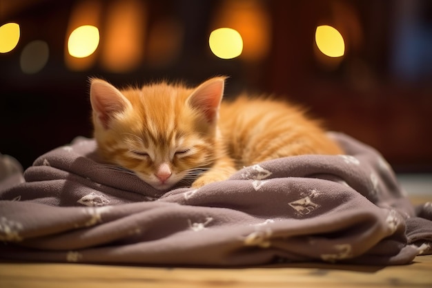 A kitten sleeping on a blanket with a christmas tree in the background.