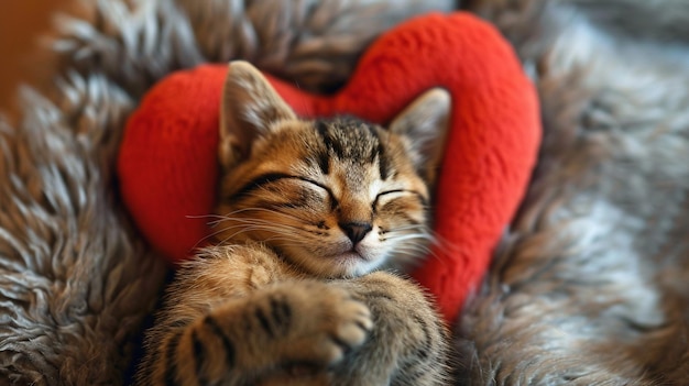 A kitten sleeping on the heart shaped pillow