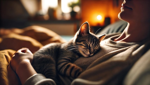 Photo kitten sleeping peacefully on a person39s chest in a warm dimly lit room