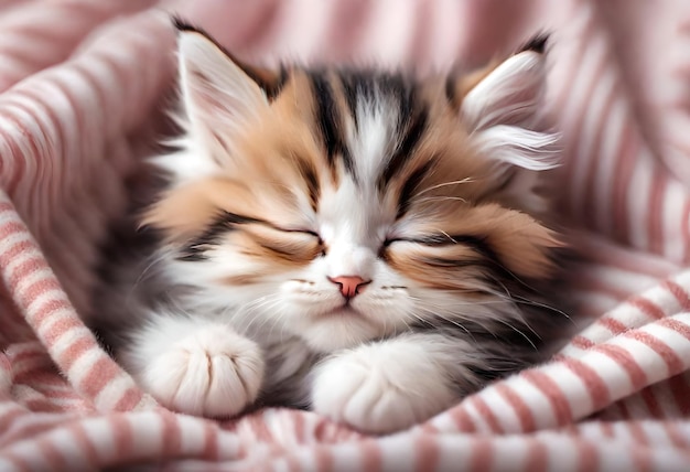 a kitten sleeping on a pink blanket with the eyes closed