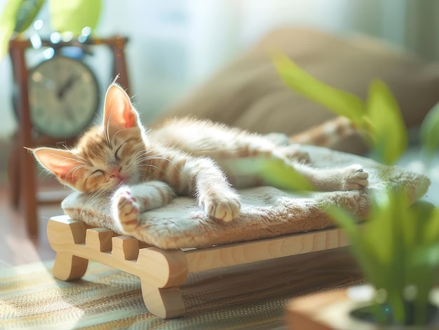 Photo a kitten sleeping on a table with a clock in the background