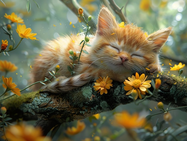 a kitten sleeping in a tree with yellow flowers