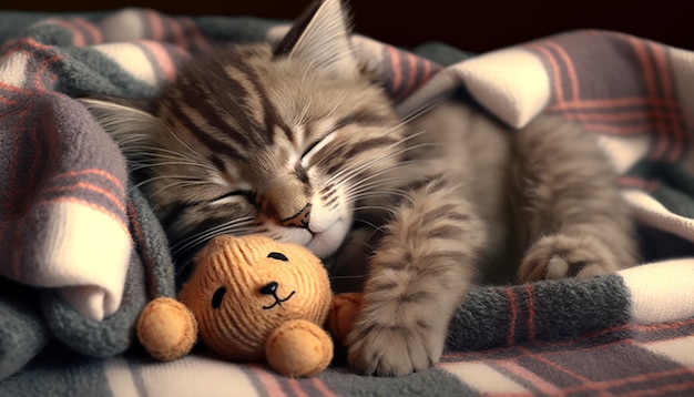 A kitten sleeping with a teddy bear