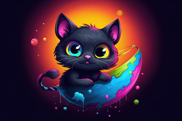 Kitten smiling flying on a balloon on rainbow and black sky background cartoon manga style illustration generative ai