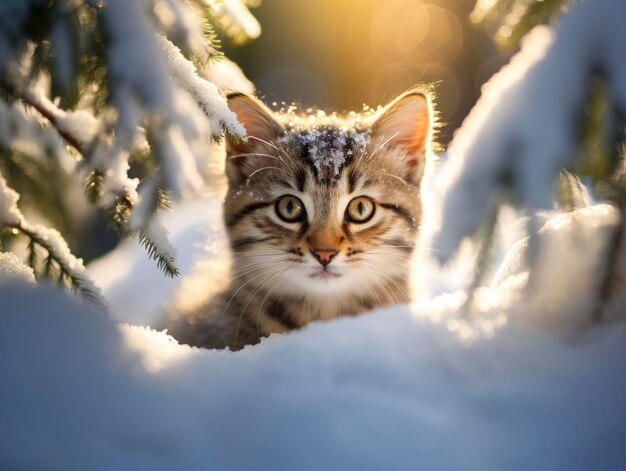 Photo kitten in snowfall coniferous winter forest sun rays breaking through trees