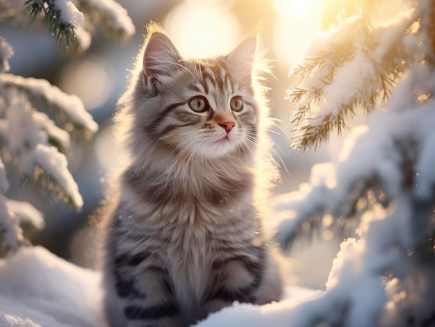 Kitten in snowfall coniferous winter forest sun rays breaking through trees