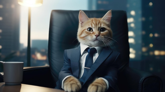 Photo kitten in a suit acting as a ceo in a corporate setting