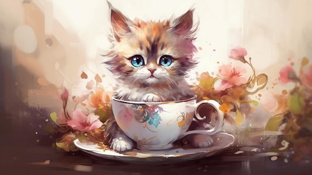 A kitten in a teacup with flowers on it