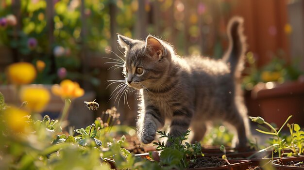 Photo a kitten walking in the grass in front of a plant with flowers