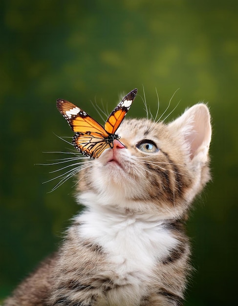 Photo kitten watches butterfly