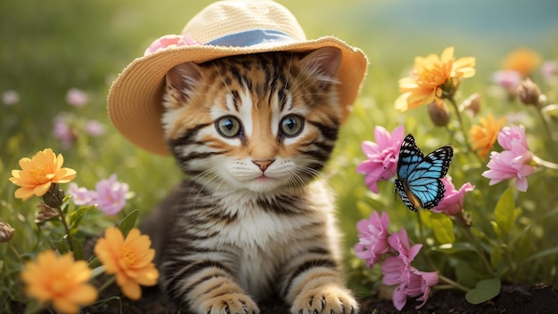 kitten wearing a blue hat is sitting in a field of orange flowers A butterfly is on the right side