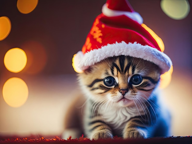 Kitten wearing a Christmas hat bright ai generative