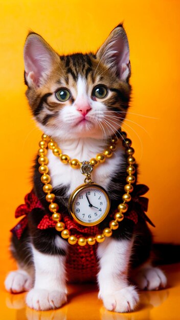 Photo kitten wearing clothes watch and necklace 4k hd fashion pet photo