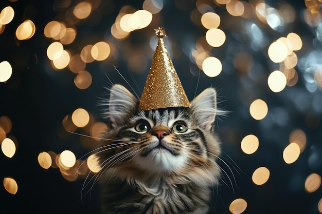 Photo kitten wearing a gold party hat with festive bokeh lights in the background generative ai