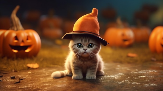 A kitten wearing a halloween hat sits in a pumpkin patch.