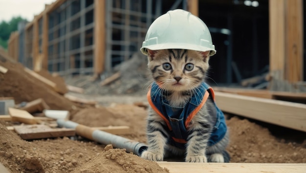 Photo a kitten wearing a hard hat and a blue vest is standing on a pile of dirt