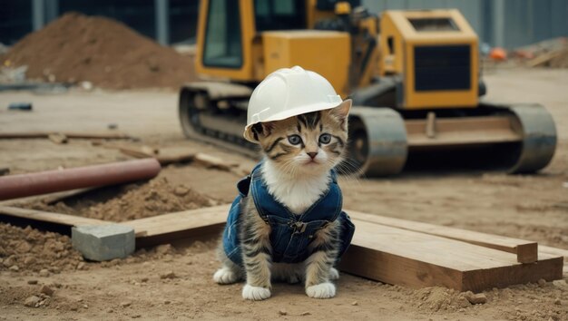 Photo a kitten wearing a hard hat and a blue vest stands on a construction site