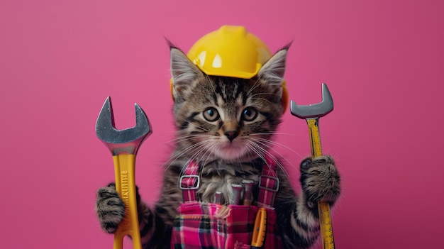 a kitten wearing a hard hat holds a pair of yellow shovels