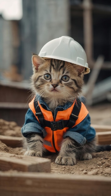 A kitten wearing a hard hat and orange vest