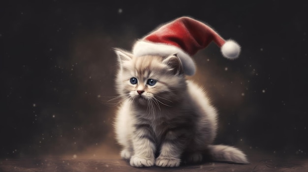 A kitten wearing a santa hat sits on a brown table.