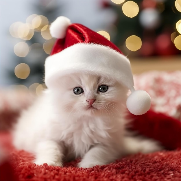 A kitten wearing a santa hat sits on a red blanket.