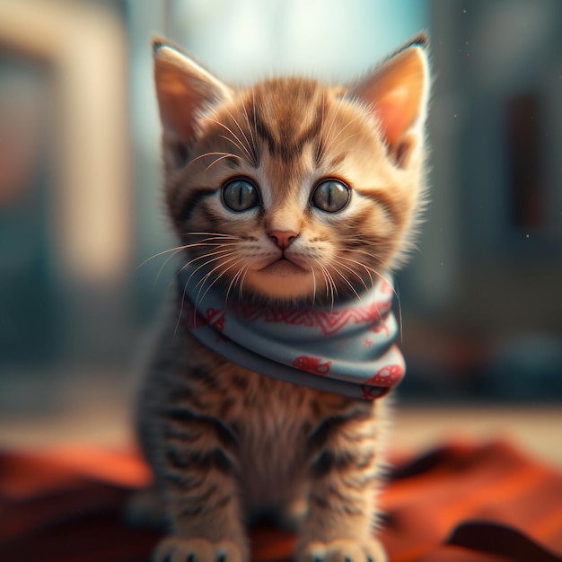 A kitten wearing a scarf