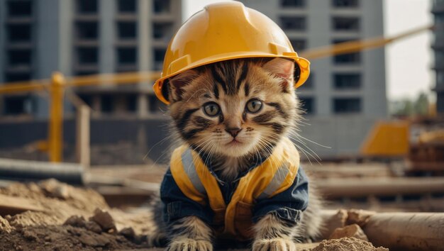 Photo a kitten wearing a yellow hard hat and a blue vest