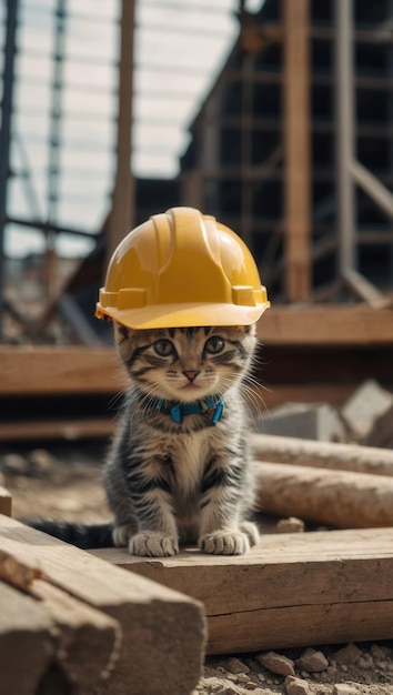 A kitten wearing a yellow hard hat