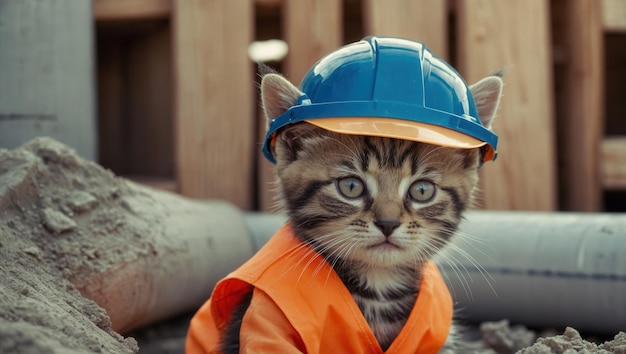 A kitten wearing a yellow hard hat