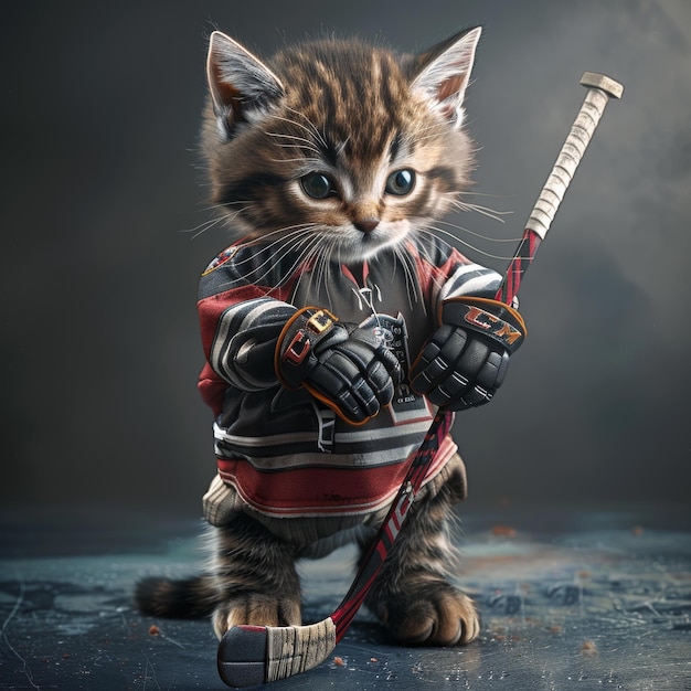 Kitten in white uniform playing hockey on ice Stock