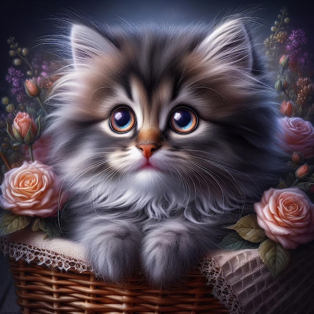 a kitten with a basket of roses and a wicker basket with roses