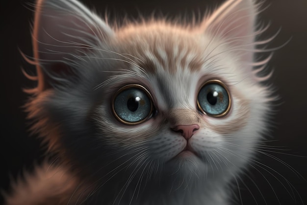 A kitten with big blue eyes is looking at the camera.