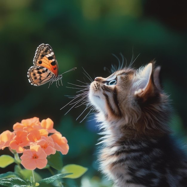 A kitten with big curious eyes stares intently at a butterfly in a bright outdoor garden