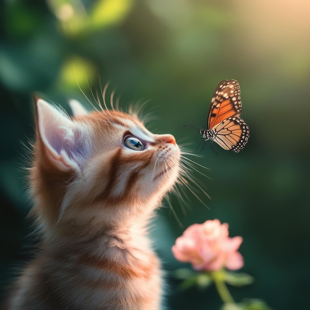 A kitten with big curious eyes stares intently at a butterfly in a bright outdoor garden