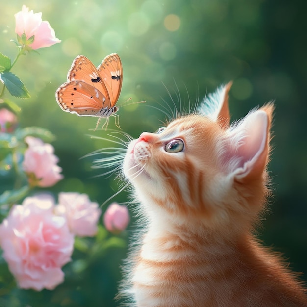 A kitten with big curious eyes stares intently at a butterfly in a bright outdoor garden