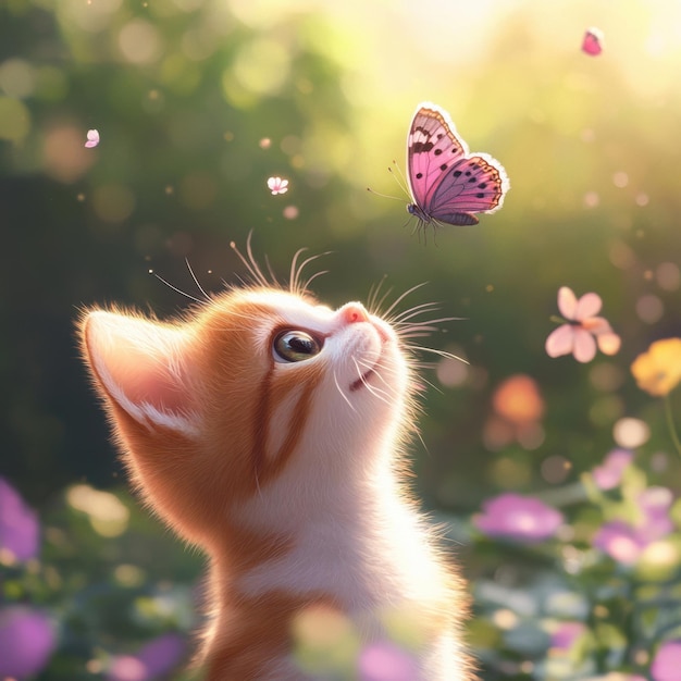 A kitten with big curious eyes stares intently at a butterfly in a bright outdoor garden