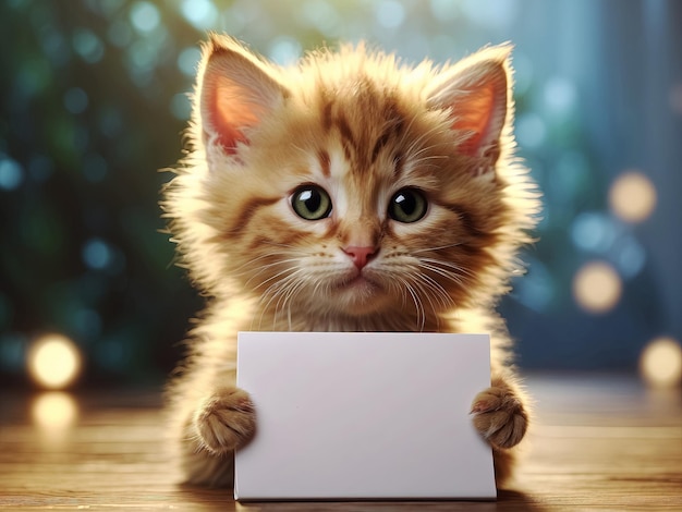 kitten with blank card on bokeh background Generative Ai