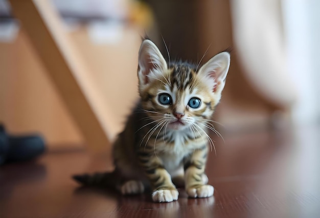 Photo a kitten with a blue eyes and a black and white striped tail